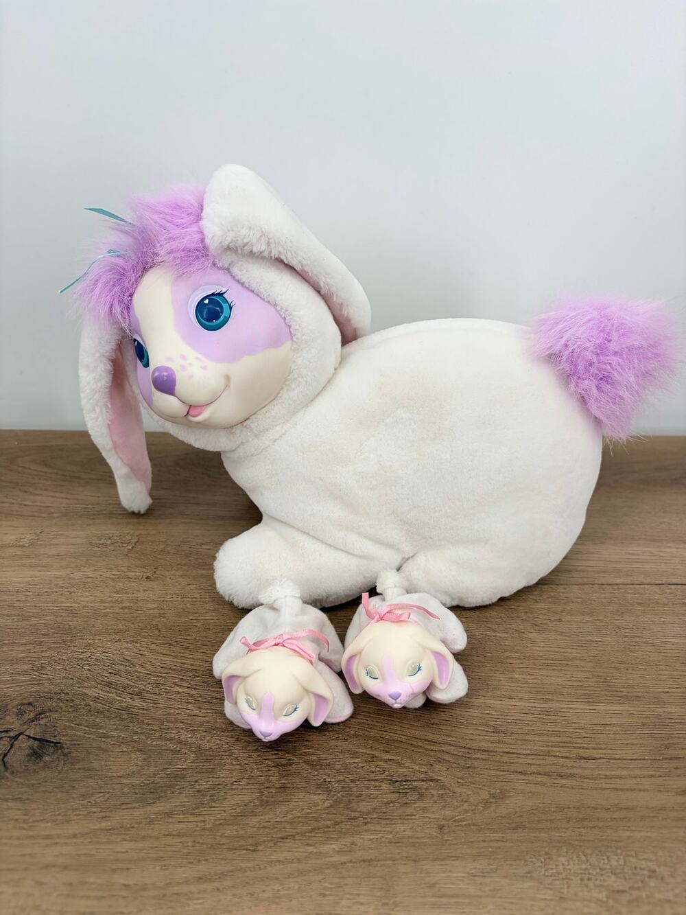 VTG 1993 Hasbro Bunny Surprise White Purple Plush Mama Rabbit 2 Sleeping Babies